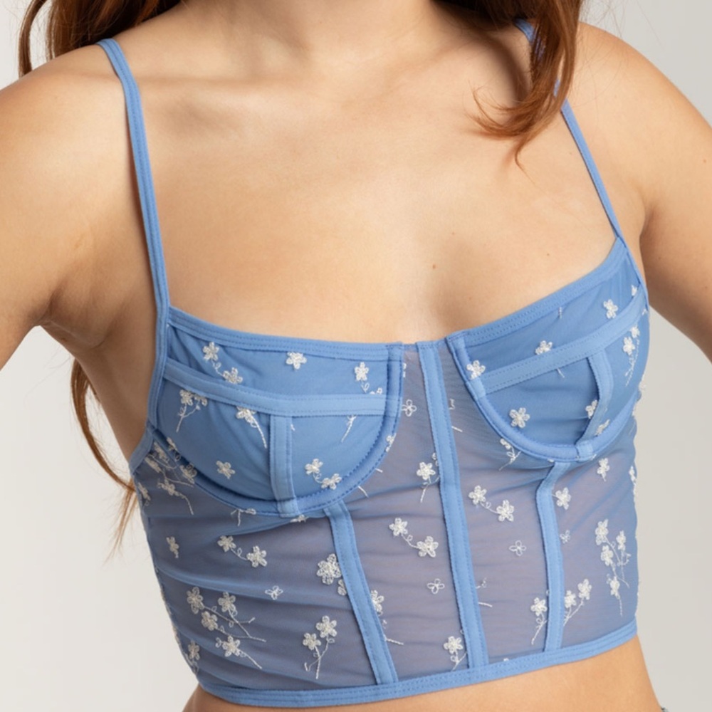 NWT Floral Embroidered Mesh Underwire Corset-Like Top Sheer Light Blue Sz Large